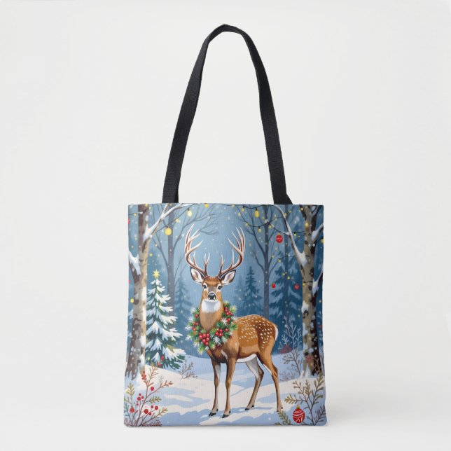 Christmas Deer in Festive Winter Forest  Tote Bag (Front)