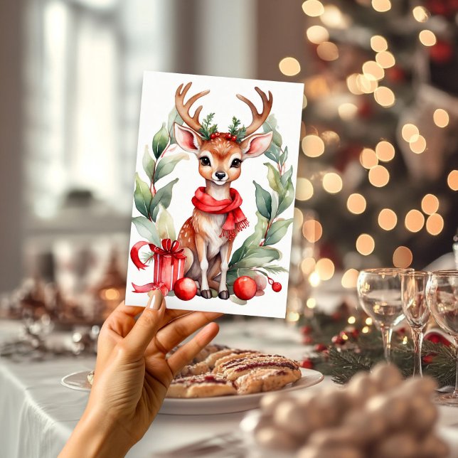 Christmas Deer in Red Scarf Flat Holiday Card (Creator Uploaded)