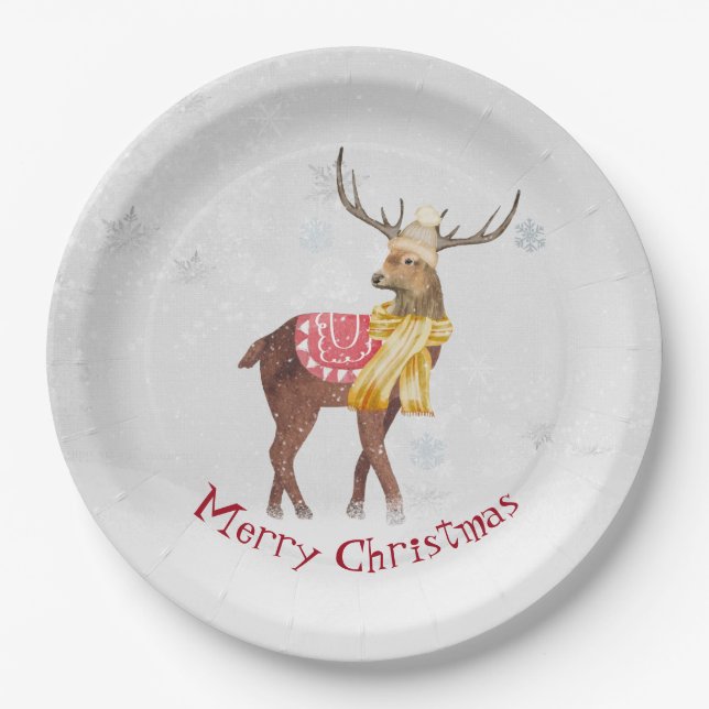Christmas Deer In Snowflakes Paper Plates (Front)