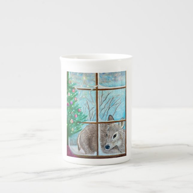 Christmas deer in window bone china mug (Front)