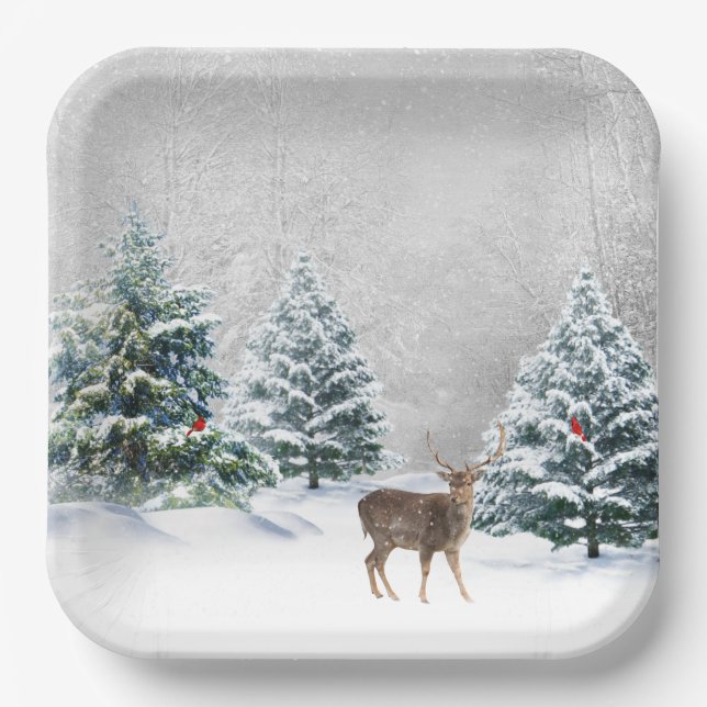 Christmas Deer In Winter Woods Paper Plates (Front)
