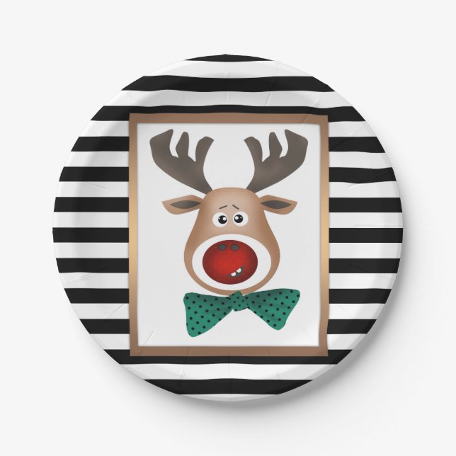 Christmas deer moose card striped black white cele paper plates (Front)