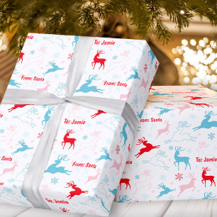 Christmas Deer Nordic Simple Blue Red Custom Name  Wrapping Paper