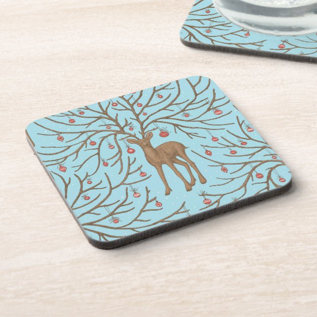 Christmas deer on blue beverage coaster (Left Side)