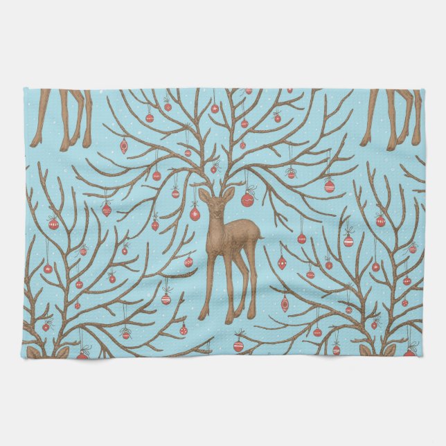 Christmas deer on blue kitchen towel (Horizontal)