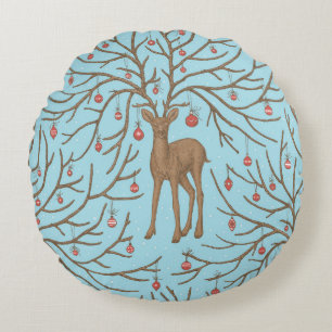 Christmas deer on blue round pillow