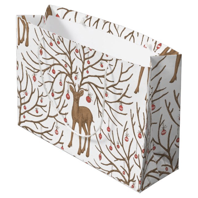 Christmas deer on white large gift bag (Back Angled)