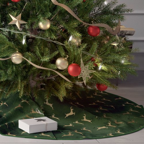 Christmas Deer Pattern Green Gold Brushed Polyester Tree Skirt