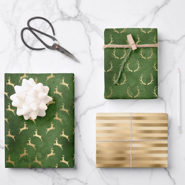 Christmas Deer Patterns Green Gold Wrapping Paper Sheets (Front)