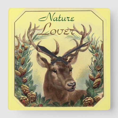 CHRISTMAS DEERPINE CONE CROWN NATURE LOVER Yellow Square Wall Clock