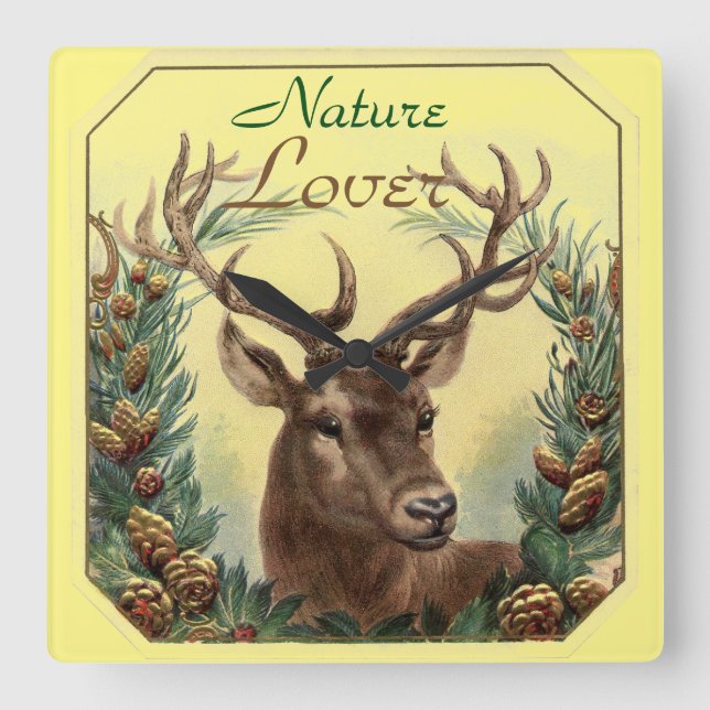 CHRISTMAS DEER,PINE CONE CROWN NATURE LOVER Yellow Square Wall Clock (Front)