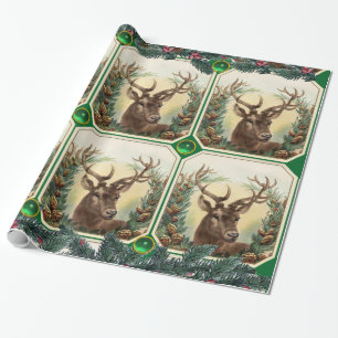 CHRISTMAS DEER,PINE CONE CROWNS,GREEN GEMSTONES WRAPPING PAPER