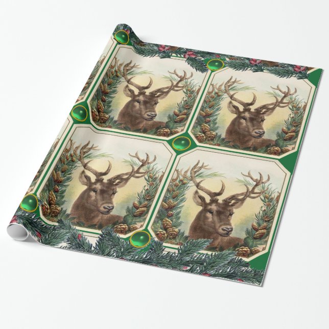 CHRISTMAS DEER,PINE CONE CROWNS,GREEN GEMSTONES WRAPPING PAPER (Unrolled)