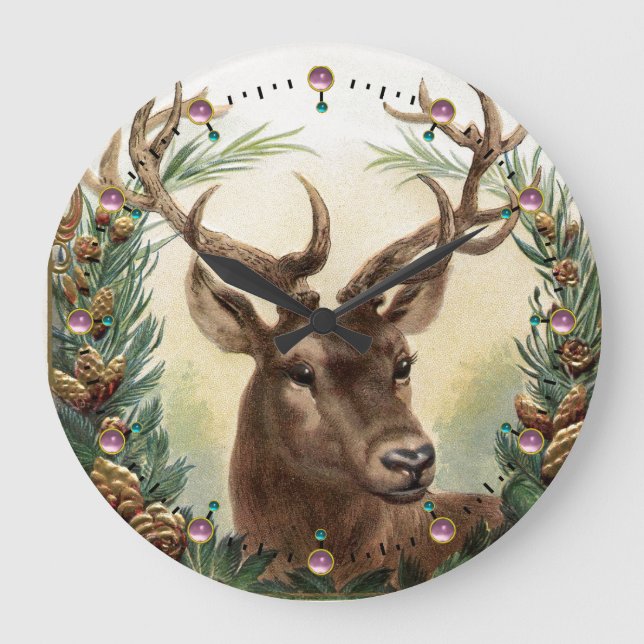CHRISTMAS DEER,PINE CONES CROWN AND PINK GEMSTONES LARGE CLOCK (Front)