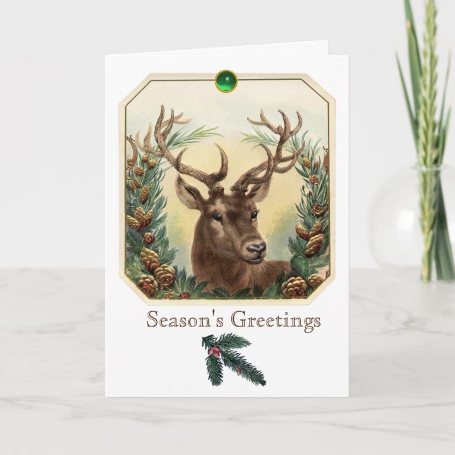 CHRISTMAS DEER,PINE CONES CROWN,GREEN GEMSTONES HOLIDAY CARD (Front)