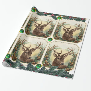 CHRISTMAS DEER,PINE CONES CROWN,GREEN GEMSTONES WRAPPING PAPER