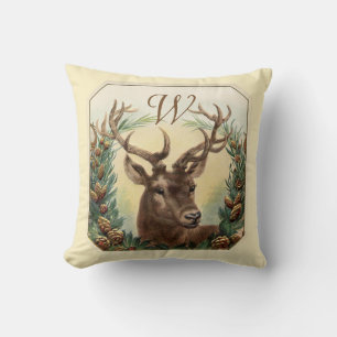 CHRISTMAS DEER,PINE CONES CROWN MONOGRAM Cream Throw Pillow