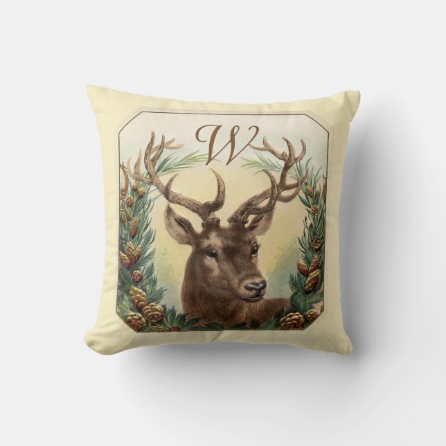 CHRISTMAS DEER,PINE CONES CROWN MONOGRAM Cream Throw Pillow (Front)