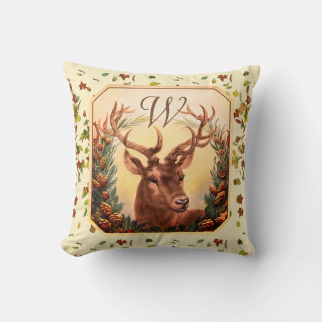CHRISTMAS DEER,PINE CONES CROWN MONOGRAM Cream Throw Pillow (Front)