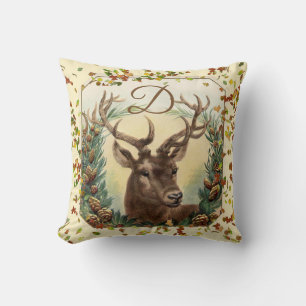 CHRISTMAS DEER,PINE CONES CROWN MONOGRAM Ivory Throw Pillow