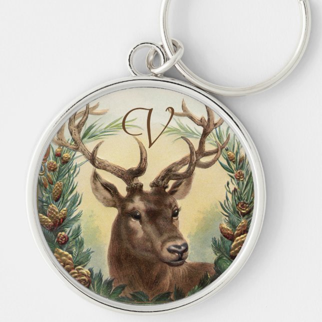 CHRISTMAS DEER ,PINE CONES CROWN MONOGRAM LETTER KEYCHAIN (Front)