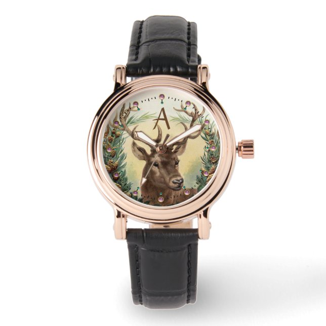 CHRISTMAS DEER,PINE CONES CROWN,PINK GEMS MONOGRAM WATCH (Front)