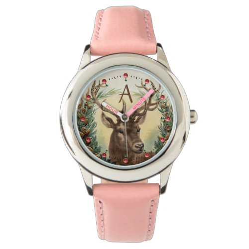 CHRISTMAS DEERPINE CONES CROWNPINK GEMS MONOGRAM WATCH