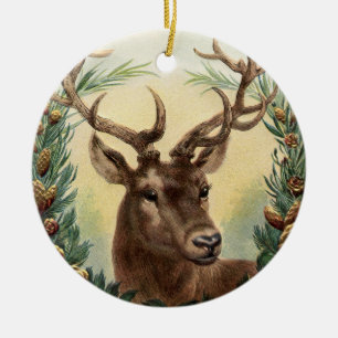 CHRISTMAS DEER,PINE CONES CROWN,RED GREEN GEMS CERAMIC ORNAMENT