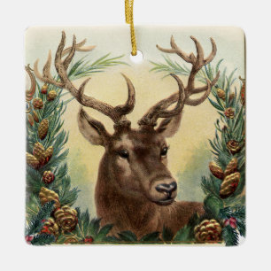 CHRISTMAS DEER ,PINE CONES CROWN,RED GREEN GEMS CERAMIC ORNAMENT