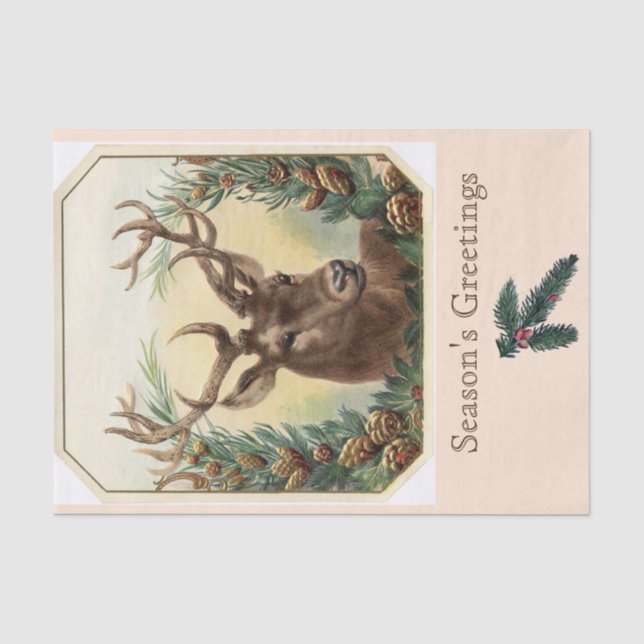 CHRISTMAS DEER,PINE CONES CROWN Season's Greetings Tissue Paper (Front)