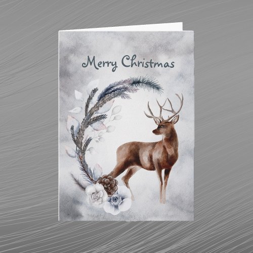 Christmas Deer Pine Floral Watercolor Holiday Card