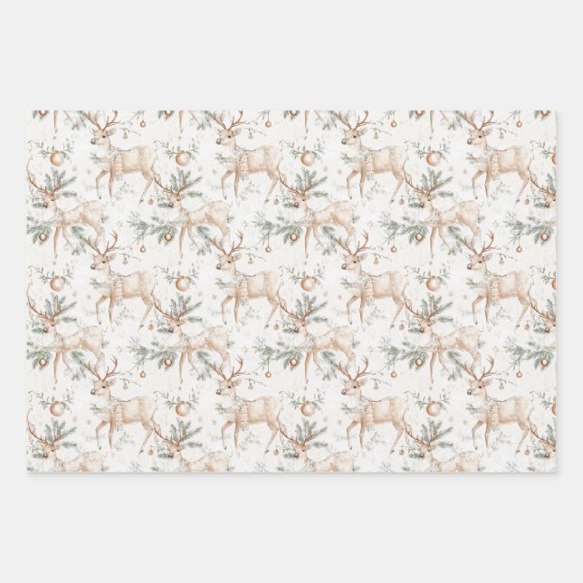 Christmas Deer Pine Twigs Wrapping Paper Sheets (Front)