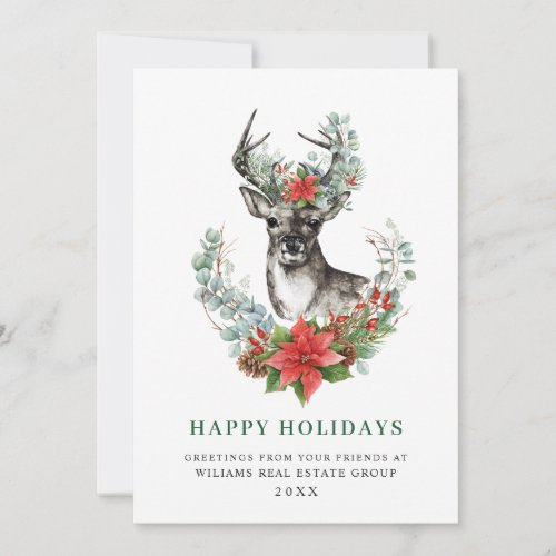 Christmas Deer Poinsettia Corporate Greeting Holiday Card