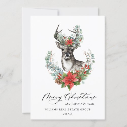 Christmas Deer Poinsettia Corporate Greeting Holiday Card