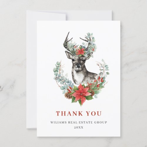 Christmas Deer Poinsettia Corporate Holiday Thank You Card