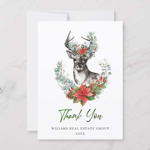 Christmas Deer Poinsettia Corporate Holiday Thank You Card