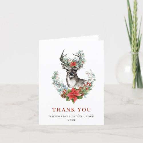 Christmas Deer Poinsettia Corporate Holiday Thank You Card