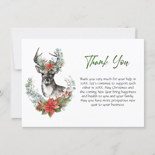 Christmas Deer Poinsettia Corporate Holiday Thank You Card