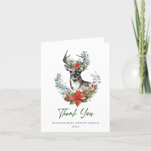 Christmas Deer Poinsettia Corporate Holiday Thank You Card