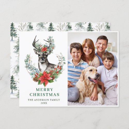 Christmas Deer Poinsettia Greeting Holiday Card