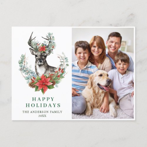 Christmas Deer Poinsettia Greeting Holiday PHOTO Postcard