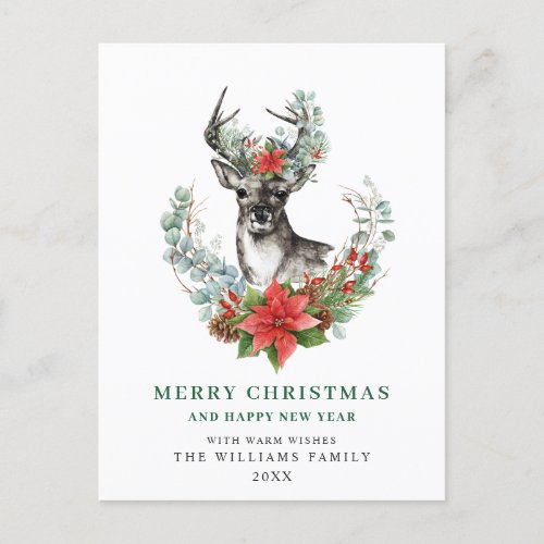 Christmas Deer Poinsettia Greeting Holiday Postcard