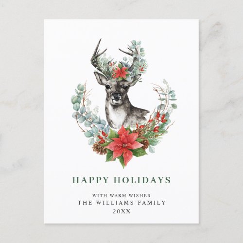 Christmas Deer Poinsettia Greeting Holiday Postcard