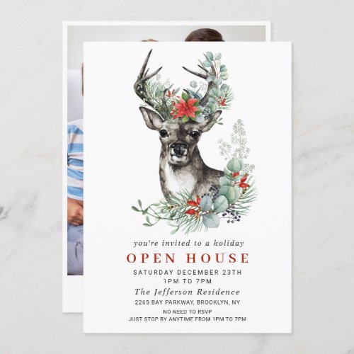 Christmas Deer Poinsettia Holiday Open House Invitation