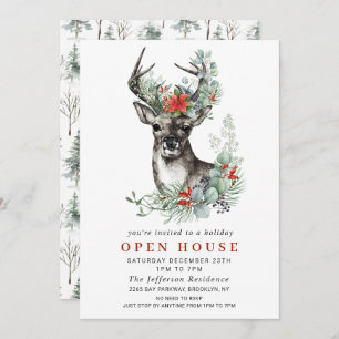 Christmas Deer Poinsettia Holiday Open House Invitation