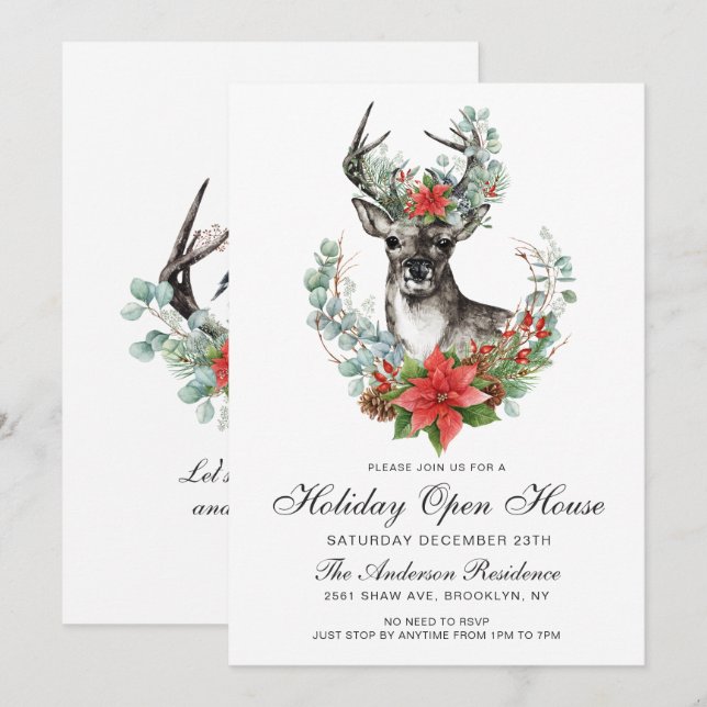Christmas Deer Poinsettia Holiday Open House Invitation (Front/Back)