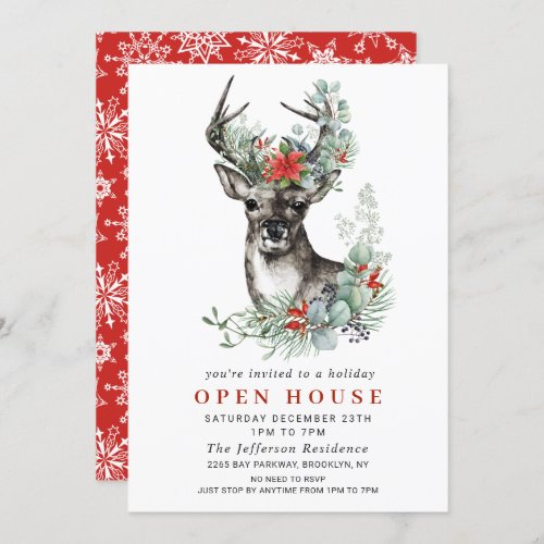 Christmas Deer Poinsettia Holiday Open House Invitation