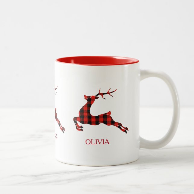 Christmas deer red and black plaid Two-Tone coffee mug (Right)