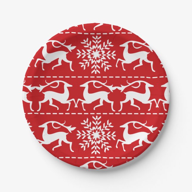 Christmas Deer Red and White Holiday Pattern Paper Plates (Front)