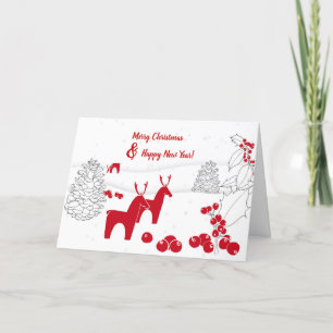Christmas Deer, Red Hand Drawn Holly & Pine Cones Holiday Card